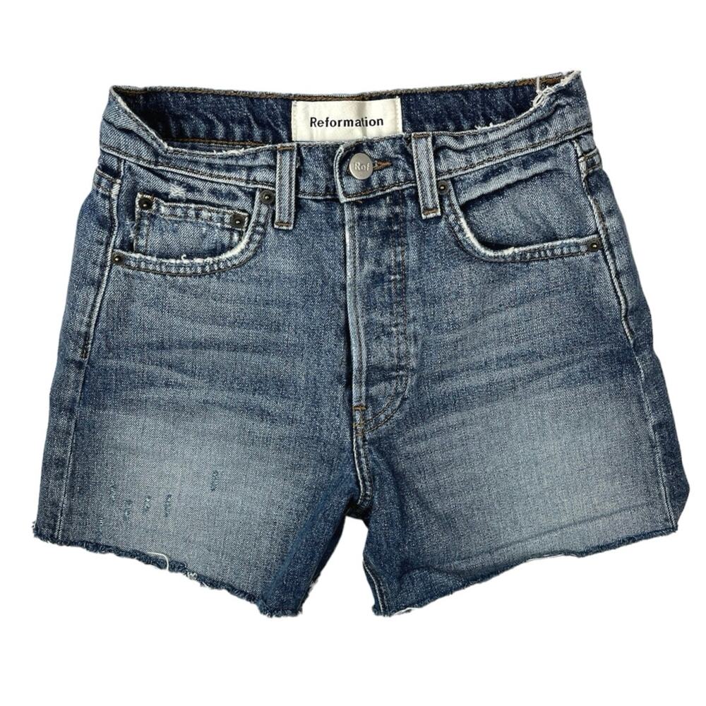 Reformation Lola Blue Wash Button Fly High Rise Cut Off Denim Jean Shorts Sz 23
